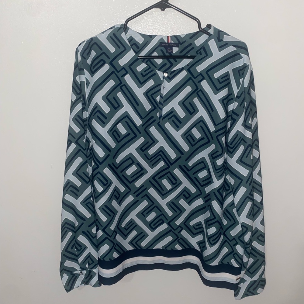 Tommy Hilfiger Green and Gray Graphic Polo Blouse